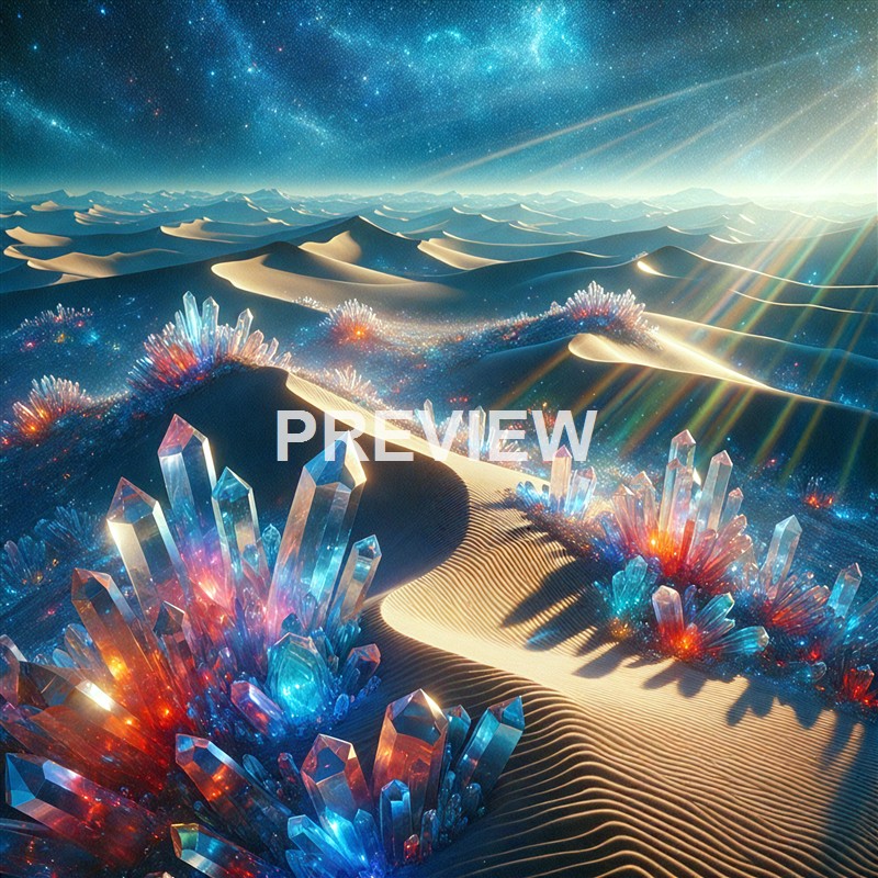 A surreal desert landscape with rolling sand dunes illuminated by colorful, glowing crystal formations and a starry sky with a bright light source on the horizon.